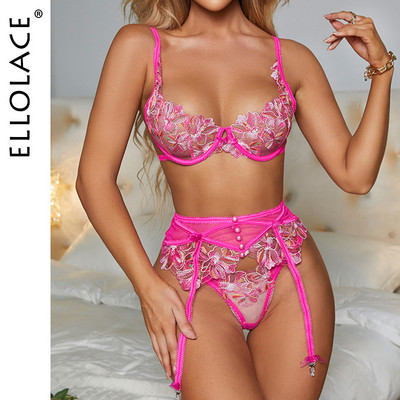 Ellolace Fancy Pink Εσώρουχα Floral Κέντημα Σέξι στρινγκ Σουτιέν με καλτσοδέτα 3 τεμαχίων Ντελικάτο πολυτελές δαντέλα Όμορφα εσώρουχα