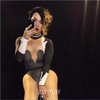 Sexy Bling Strasuri Body Negru Design Profesor Tuxedo Tricou Costum Tinuta Scena Performanță Petrecere Sărbători Purtare Cântăreață