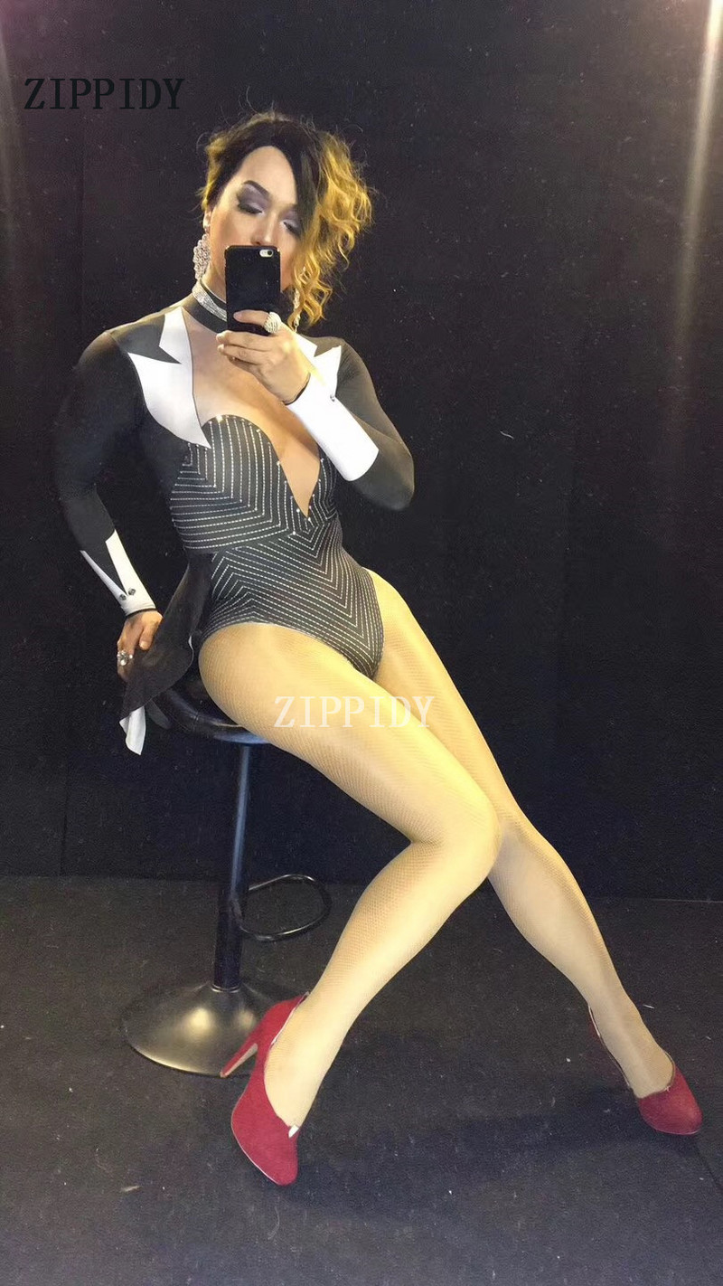 Sexy Bling Strasuri Body Negru Design Profesor Tuxedo Tricou Costum Tinuta Scena Performanță Petrecere Sărbători Purtare Cântăreață