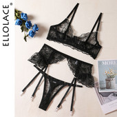 Ellolace Sensual Lenjerie de nunta Sutien transparent Volanat Lenjerie de corp Femei goale fara cenzura Dantela de lux 3 piese Intimate