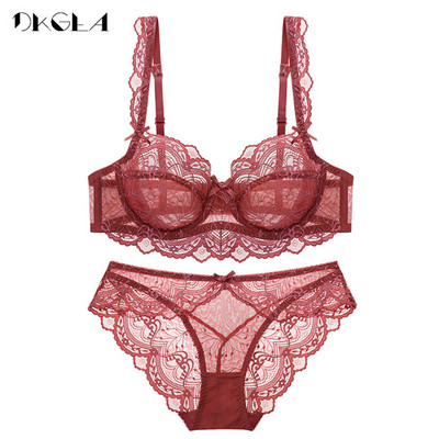 Seturi de chiloți sutien ultrasubțire Sutien transparent Set lenjerie intima sexy Plus Size DE cu broderie cupa Set lenjerie femeie Sutiene din dantelă