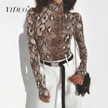 YiDuo Секси боди със змийски принт Ново пролетно дамско тесно боди с дълъг ръкав и къси гащеризони Club Streetwear