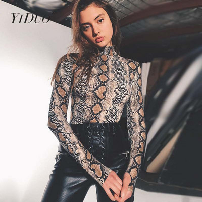 YiDuo Sexy Snake Print Bodycon Bodycon Bodysuit jauns pavasara sieviešu uzvalks ar garām piedurknēm bruņurupuču apkakli izdilis ķermeņa uzvalks īsi kombinezoni Club Streetwear