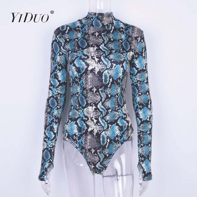 YiDuo Sexy Snake print Bodycon ολόσωμο Νέο ανοιξιάτικο γυναικείο μακρυμάνικο ζιβάγκο κοκαλιάρικο κορμάκι Κοντό ολόσωμο φόρμα Club Streetwear
