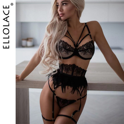 Lenjerie cu pene Ellolace Broderie Lenjerie de corp pentru femeie Sutien transparent Dantela de lux Intim Seturi de slip erotic delicat