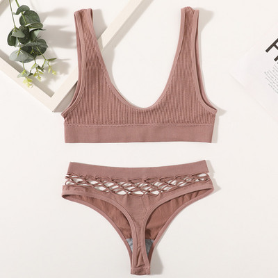 Naiste õmblusteta rinnahoidjakomplekt Seksikad stringid madala vöökohaga aluspüksid Traadita rinnahoidja Bralette pesu Fishnet Hollow G-String naiste aluspesu komplekt