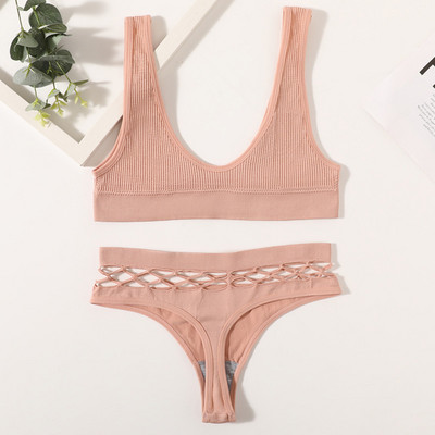 Naiste õmblusteta rinnahoidjakomplekt Seksikad stringid madala vöökohaga aluspüksid Traadita rinnahoidja Bralette pesu Fishnet Hollow G-String naiste aluspesu komplekt