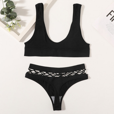 Naiste õmblusteta rinnahoidjakomplekt Seksikad stringid madala vöökohaga aluspüksid Traadita rinnahoidja Bralette pesu Fishnet Hollow G-String naiste aluspesu komplekt