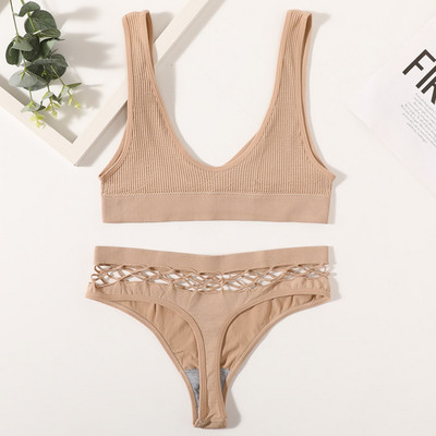 Naiste õmblusteta rinnahoidjakomplekt Seksikad stringid madala vöökohaga aluspüksid Traadita rinnahoidja Bralette pesu Fishnet Hollow G-String naiste aluspesu komplekt