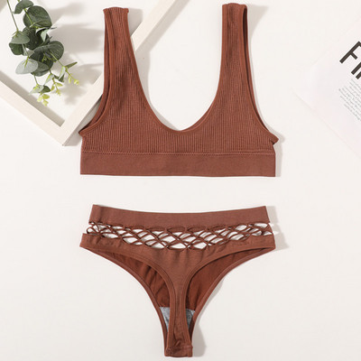 Naiste õmblusteta rinnahoidjakomplekt Seksikad stringid madala vöökohaga aluspüksid Traadita rinnahoidja Bralette pesu Fishnet Hollow G-String naiste aluspesu komplekt