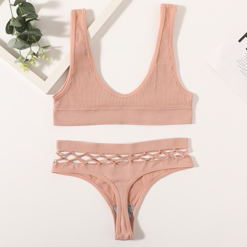 Naiste õmblusteta rinnahoidjakomplekt Seksikad stringid madala vöökohaga aluspüksid Traadita rinnahoidja Bralette pesu Fishnet Hollow G-String naiste aluspesu komplekt