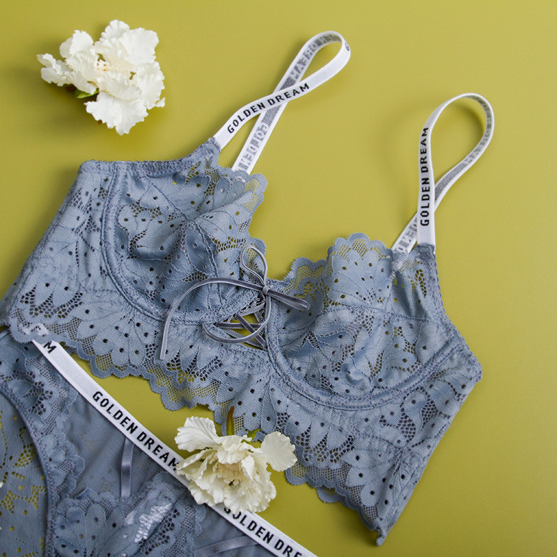 Sutien ultra subțire din dantelă sexy 2021, cu bretele imprimate cu litere, sutien și slip bandaj, set de lenjerie intimă pentru femei, lenjerie franceză