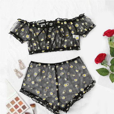 Νέο σετ σουτιέν Γυναικεία εσώρουχα Cute Daisy Embroidery Σετ εσώρουχα Off-Shoulder Bralette Top+Σορτς Διαφανές διχτυωτό σέξι εσώρουχα