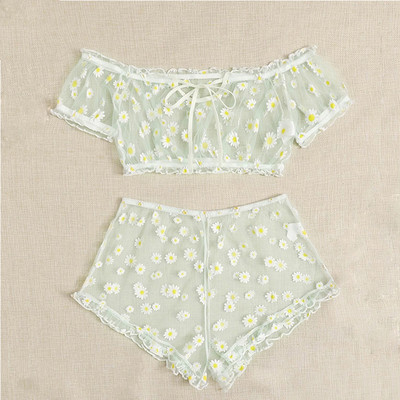 Νέο σετ σουτιέν Γυναικεία εσώρουχα Cute Daisy Embroidery Σετ εσώρουχα Off-Shoulder Bralette Top+Σορτς Διαφανές διχτυωτό σέξι εσώρουχα
