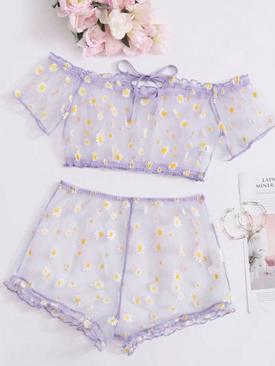 Jauns krūštura komplekts Sieviešu apakšveļa Cute Daisy Izšūšana Apakšveļas komplekts Off-Shoulder Bralette Top+Šorti Caurspīdīgs Tīkla Seksīga apakšveļa