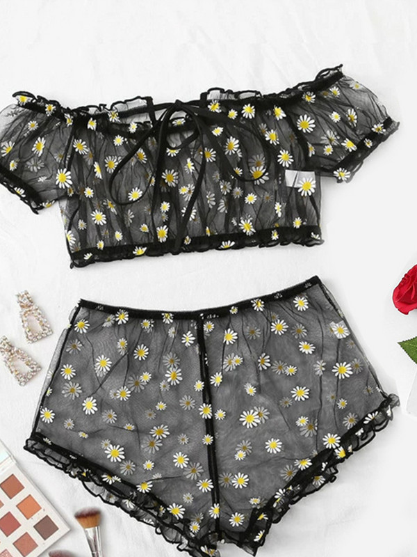 Νέο σετ σουτιέν Γυναικεία εσώρουχα Cute Daisy Embroidery Σετ εσώρουχα Off-Shoulder Bralette Top+Σορτς Διαφανές διχτυωτό σέξι εσώρουχα