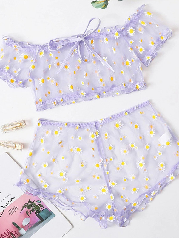 Νέο σετ σουτιέν Γυναικεία εσώρουχα Cute Daisy Embroidery Σετ εσώρουχα Off-Shoulder Bralette Top+Σορτς Διαφανές διχτυωτό σέξι εσώρουχα