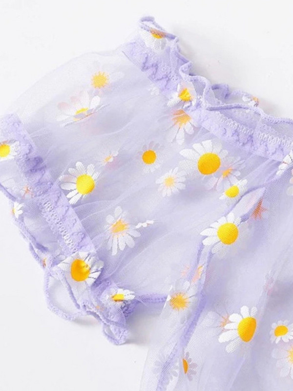 Νέο σετ σουτιέν Γυναικεία εσώρουχα Cute Daisy Embroidery Σετ εσώρουχα Off-Shoulder Bralette Top+Σορτς Διαφανές διχτυωτό σέξι εσώρουχα