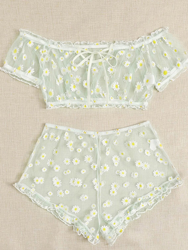 Νέο σετ σουτιέν Γυναικεία εσώρουχα Cute Daisy Embroidery Σετ εσώρουχα Off-Shoulder Bralette Top+Σορτς Διαφανές διχτυωτό σέξι εσώρουχα