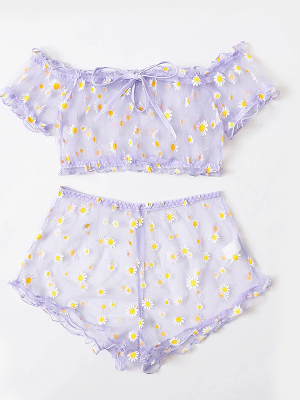 Νέο σετ σουτιέν Γυναικεία εσώρουχα Cute Daisy Embroidery Σετ εσώρουχα Off-Shoulder Bralette Top+Σορτς Διαφανές διχτυωτό σέξι εσώρουχα