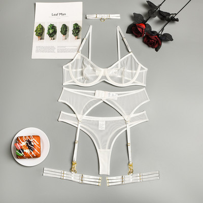 MIRABELLE Set Lenjerie Sensual Femeie 4 Piese Lenjerie Intima Erotica Sexy Sutien Jartiere Seturi Slip Dantela Transparenta Tinute fara cusaturi