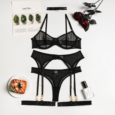 MIRABELLE Set Lenjerie Sensual Femeie 4 Piese Lenjerie Intima Erotica Sexy Sutien Jartiere Seturi Slip Dantela Transparenta Tinute fara cusaturi