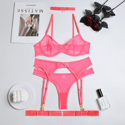 MIRABELLE Set Lenjerie Sensual Femeie 4 Piese Lenjerie Intima Erotica Sexy Sutien Jartiere Seturi Slip Dantela Transparenta Tinute fara cusaturi