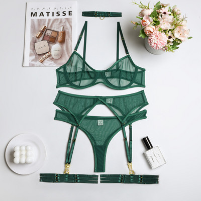 MIRABELLE Set Lenjerie Sensual Femeie 4 Piese Lenjerie Intima Erotica Sexy Sutien Jartiere Seturi Slip Dantela Transparenta Tinute fara cusaturi