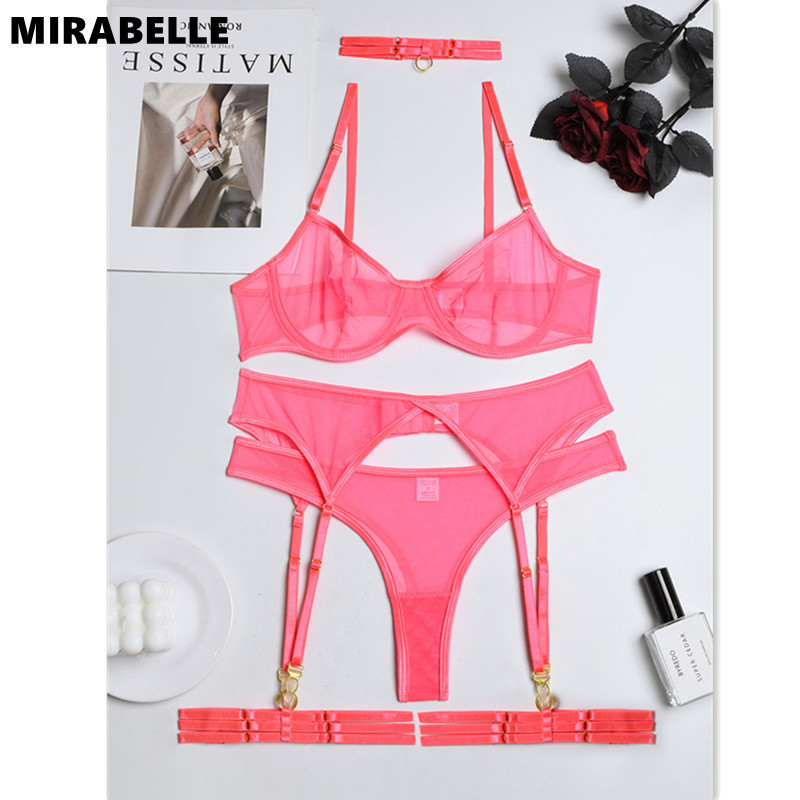 MIRABELLE Set Lenjerie Sensual Femeie 4 Piese Lenjerie Intima Erotica Sexy Sutien Jartiere Seturi Slip Dantela Transparenta Tinute fara cusaturi