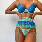 Set de sutien din dantelă Yimunancy, 3 bucăți, set de lenjerie intimă cu plasă de culoare contrastantă pentru femei, set de lenjerie intimă sexy pentru femei