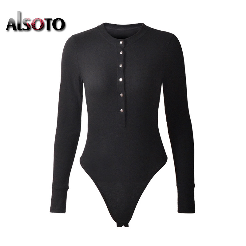 Naiste Seksikas Bodycon Body Naine Pikkade varrukatega Ümara kaelusega Ühevärviline Body Naiste sügispuuvillane Slim fit bodyd