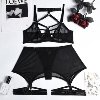 Yimunancy 3-Piece Halter Mesh Lingerie Set Women Bandage Erotic Set Transparent Black Sexy Garter Breif Kit