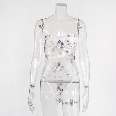 Body din plasă cu broderie florală YiDuo, cu bretele cu papion, fără spate, transparente pentru femei, salopete de petrecere, sexy, negre