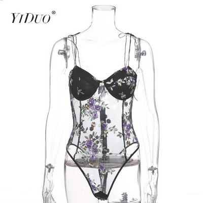 Body din plasă cu broderie florală YiDuo, cu bretele cu papion, fără spate, transparente pentru femei, salopete de petrecere, sexy, negre