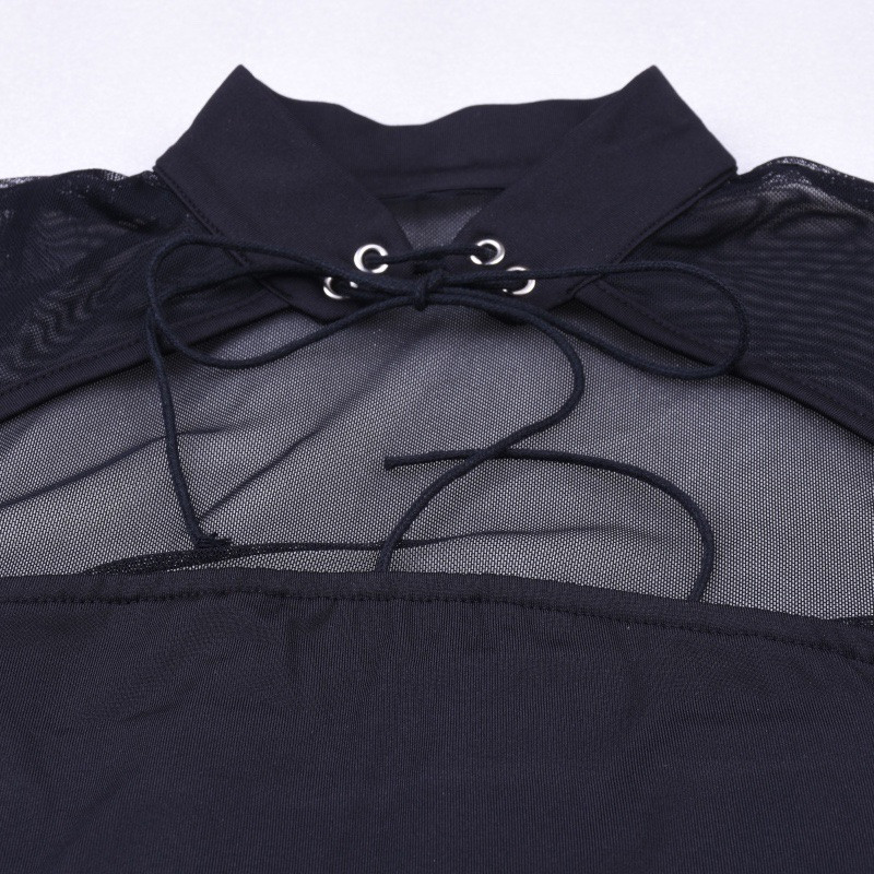 Bangniweigou Body cu mânecă lungă cu mânecă lungă din plasă, sexy, cu dantelă, cu gât roșu, salopete transparente pentru femei, tricou negru anilor 90