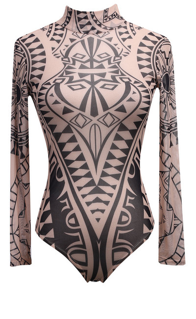 Γυναικείο Tatoo Tribal Print Strechy κορμάκι Lady Elegant Mesh μακρυμάνικο Skinny print Φθινοπωρινό σέξι φόρμες γυναικών