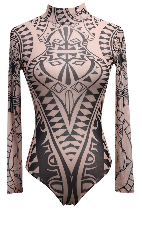 Γυναικείο Tatoo Tribal Print Strechy κορμάκι Lady Elegant Mesh μακρυμάνικο Skinny print Φθινοπωρινό σέξι φόρμες γυναικών