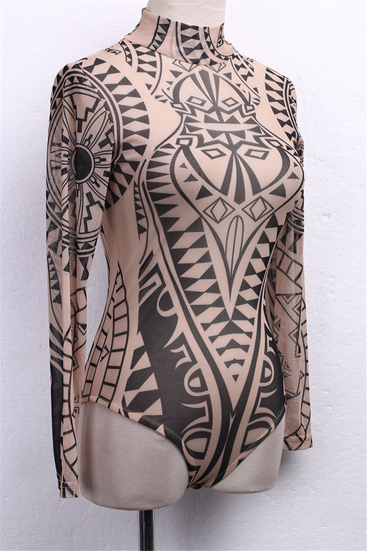 Γυναικείο Tatoo Tribal Print Strechy κορμάκι Lady Elegant Mesh μακρυμάνικο Skinny print Φθινοπωρινό σέξι φόρμες γυναικών