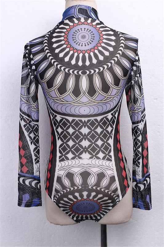 Γυναικείο Tatoo Tribal Print Strechy κορμάκι Lady Elegant Mesh μακρυμάνικο Skinny print Φθινοπωρινό σέξι φόρμες γυναικών