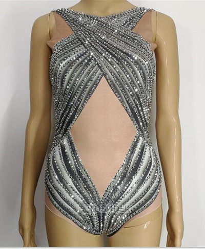 Body elastic cu strasuri argintii, club de noapte sexy pentru femei, cântăreață DJ, costum de dans, dansator de bar, performanță, îmbrăcăminte pentru scenă, salopetă subțire