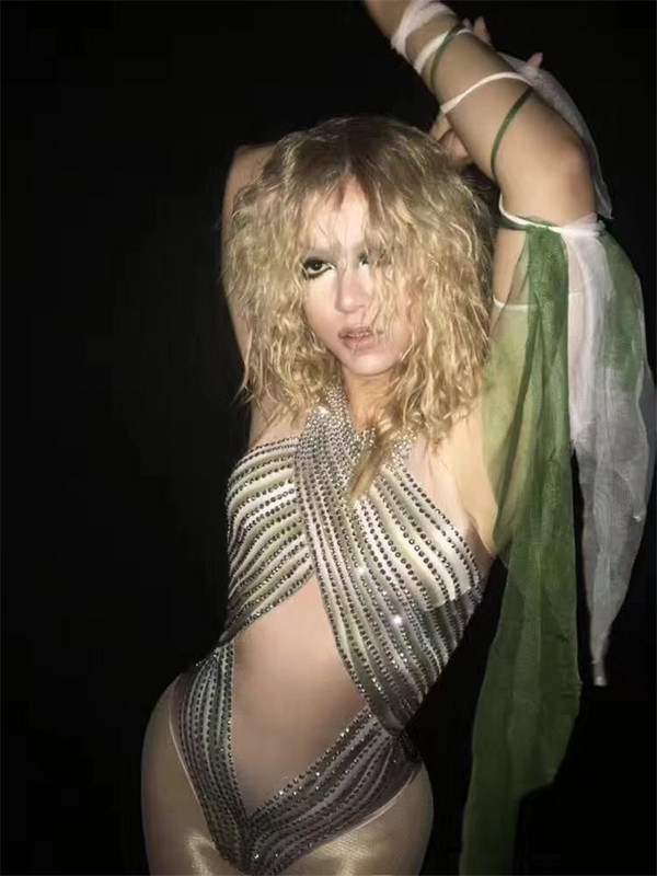 Body elastic cu strasuri argintii, club de noapte sexy pentru femei, cântăreață DJ, costum de dans, dansator de bar, performanță, îmbrăcăminte pentru scenă, salopetă subțire