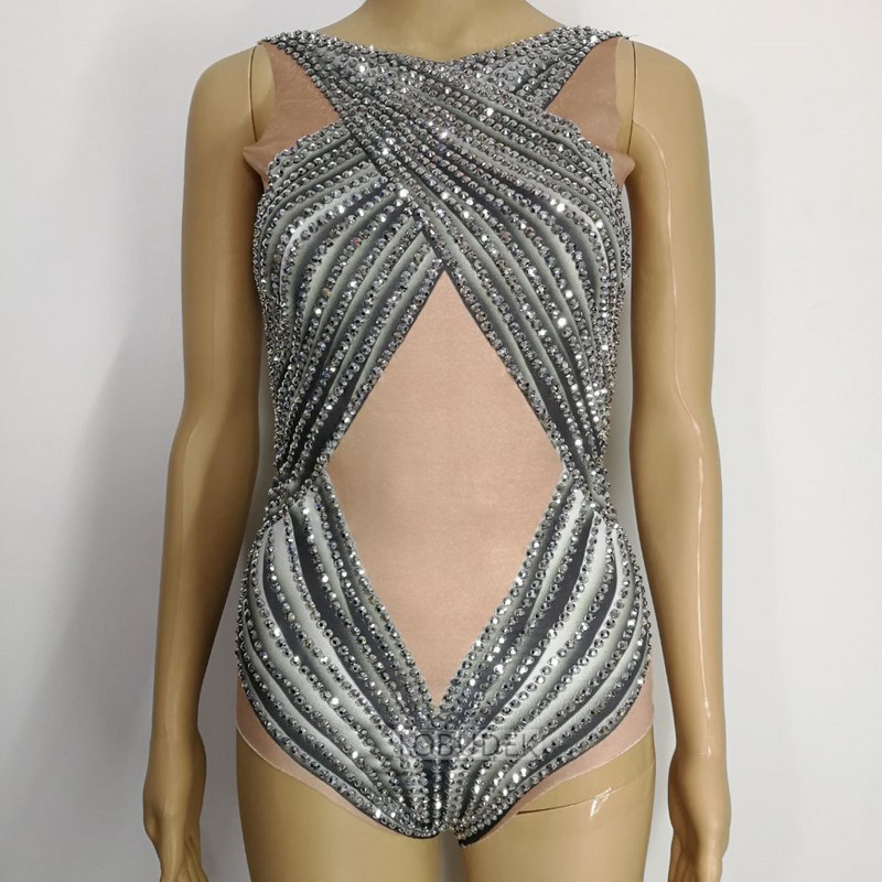 Body elastic cu strasuri argintii, club de noapte sexy pentru femei, cântăreață DJ, costum de dans, dansator de bar, performanță, îmbrăcăminte pentru scenă, salopetă subțire