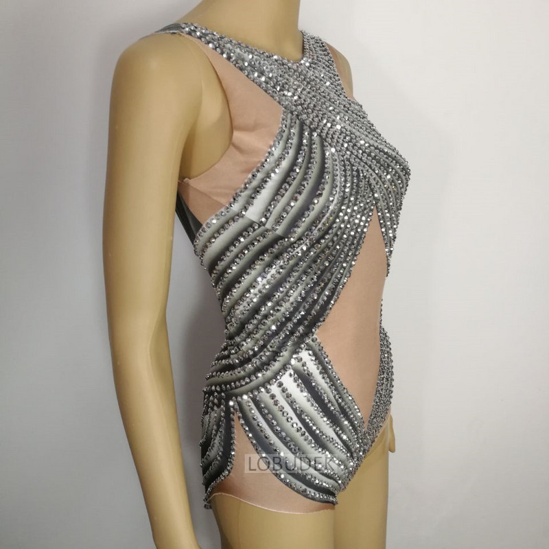 Body elastic cu strasuri argintii, club de noapte sexy pentru femei, cântăreață DJ, costum de dans, dansator de bar, performanță, îmbrăcăminte pentru scenă, salopetă subțire