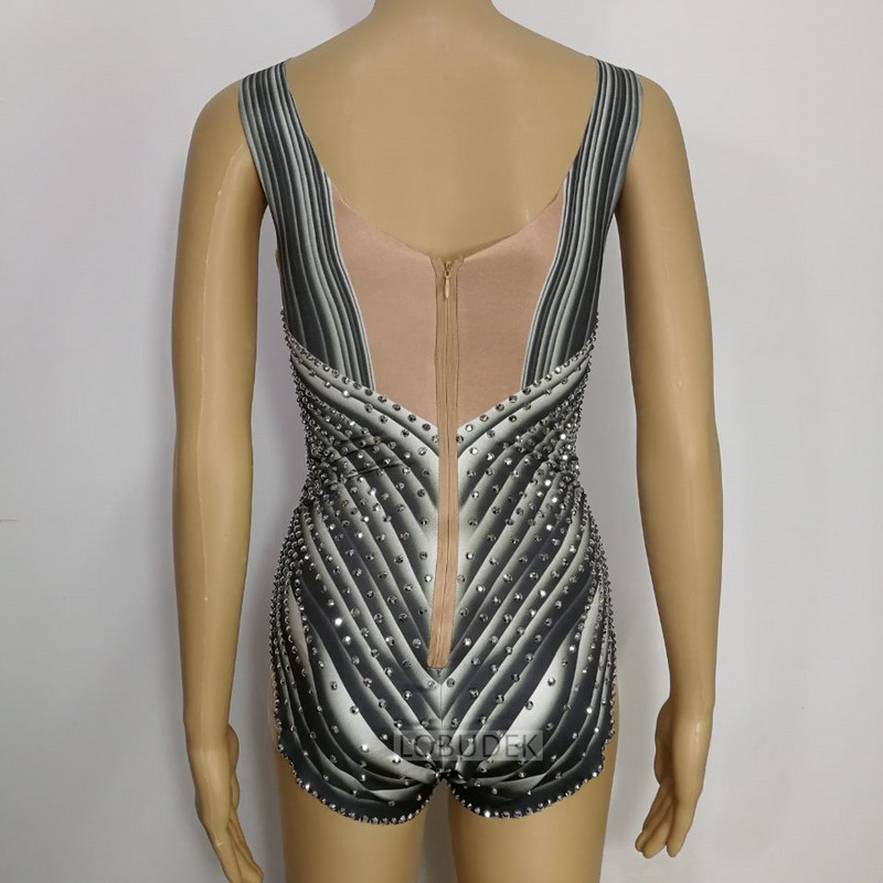 Body elastic cu strasuri argintii, club de noapte sexy pentru femei, cântăreață DJ, costum de dans, dansator de bar, performanță, îmbrăcăminte pentru scenă, salopetă subțire