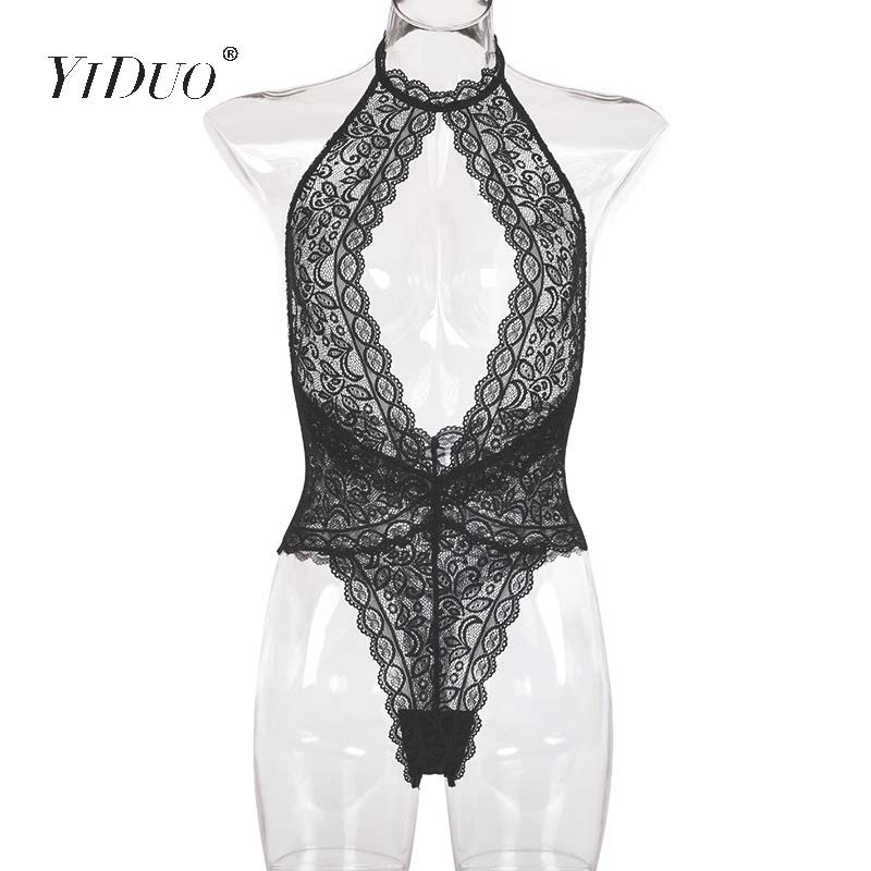 Body de vară YiDuo din dantelă, pentru femei, cu imprimeu floral, cu decolteu în V adânc, sexy, fără spate