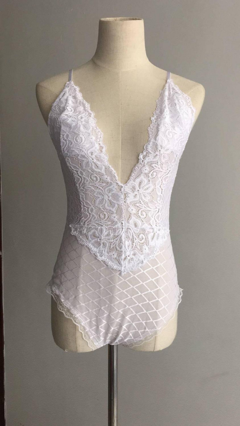 Salopete sexy Body cu plasă din dantelă pentru femei, cu broderie florală, cu decolteu în V adânc, body tentation, transparent pentru femeie.