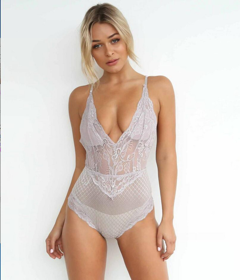 Salopete sexy Body cu plasă din dantelă pentru femei, cu broderie florală, cu decolteu în V adânc, body tentation, transparent pentru femeie.