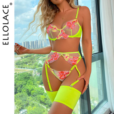 Ellolace`i pesukomplekt Seksikas eksootiline väljamõeldud lilleline läbipaistev aluspesu pits Sensuaalne Push Up Underwire rinnahoidja sukapaelad rihmade komplektid