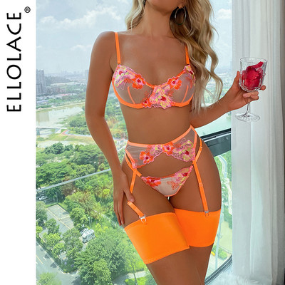 Ellolace`i pesukomplekt Seksikas eksootiline väljamõeldud lilleline läbipaistev aluspesu pits Sensuaalne Push Up Underwire rinnahoidja sukapaelad rihmade komplektid