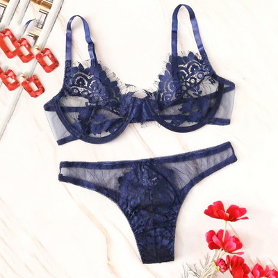 2 bucăți/set Lenjerie de corp sexy din dantelă Set sutien subțire pentru dama Set de chiloți scobiți Temptation Lenjerie erotică Costum Chiloți de damă Slip